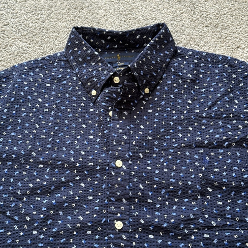Polo Ralph Lauren Mens XXL Slim Fit RL Untucked SEERSUCKER Flag Pony Shirt Blue
